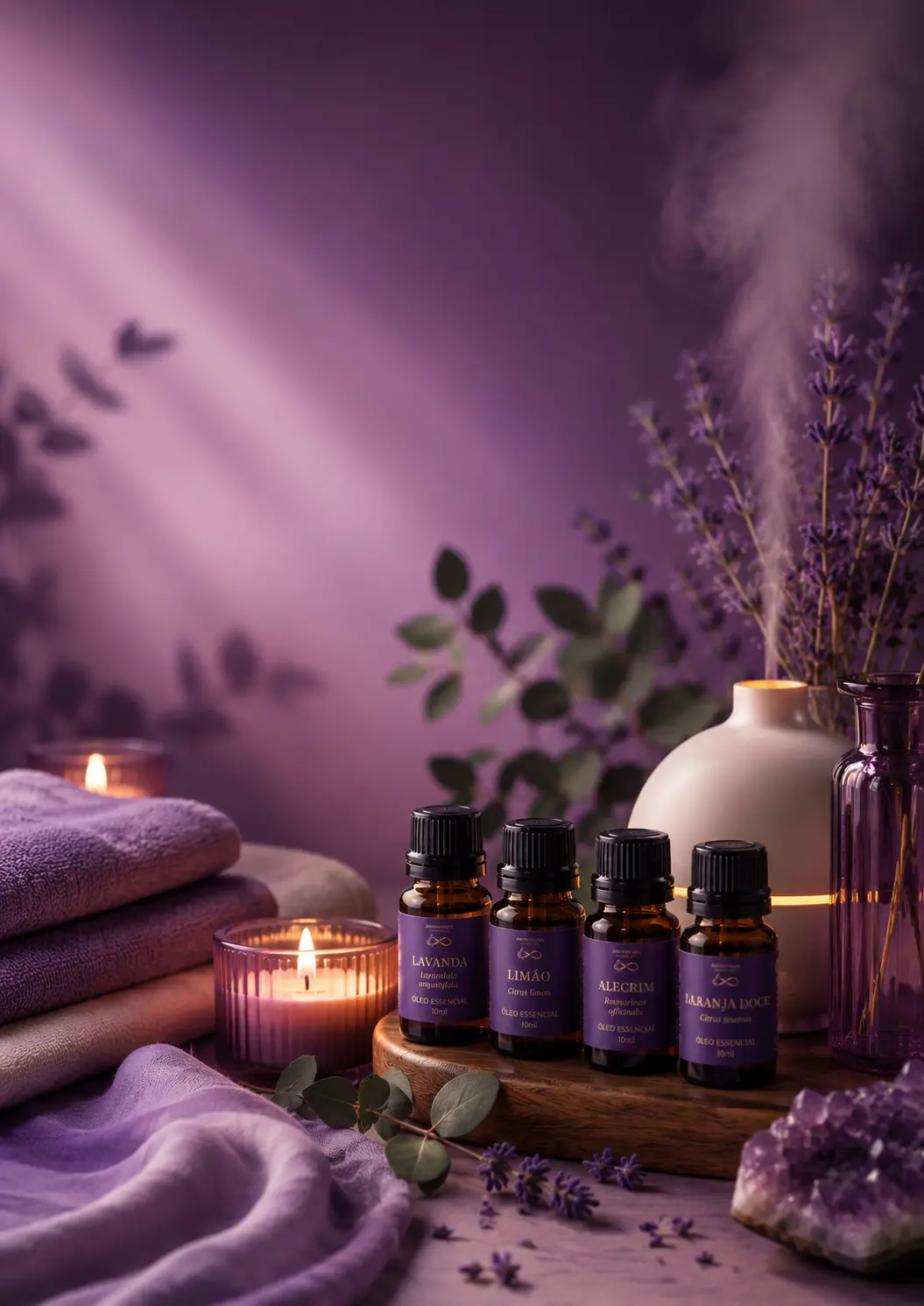 Óleos essenciais, velas e difusor em ambiente acolhedor de bem-estar